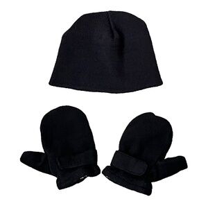 Toddler Kids Black Knit Beanie Hat & Mittens Set One Size